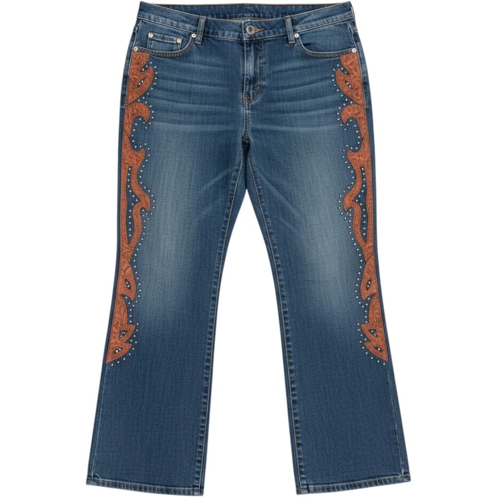 DG2 Diane Gilman Western Studded Faux Leather Inlay Bootcut Jeans Blue 18WP